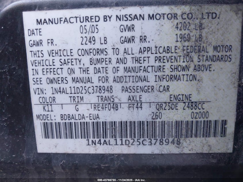 2005 Nissan Altima 2.5 S VIN: 1N4AL11D25C378948 Lot: 43766755