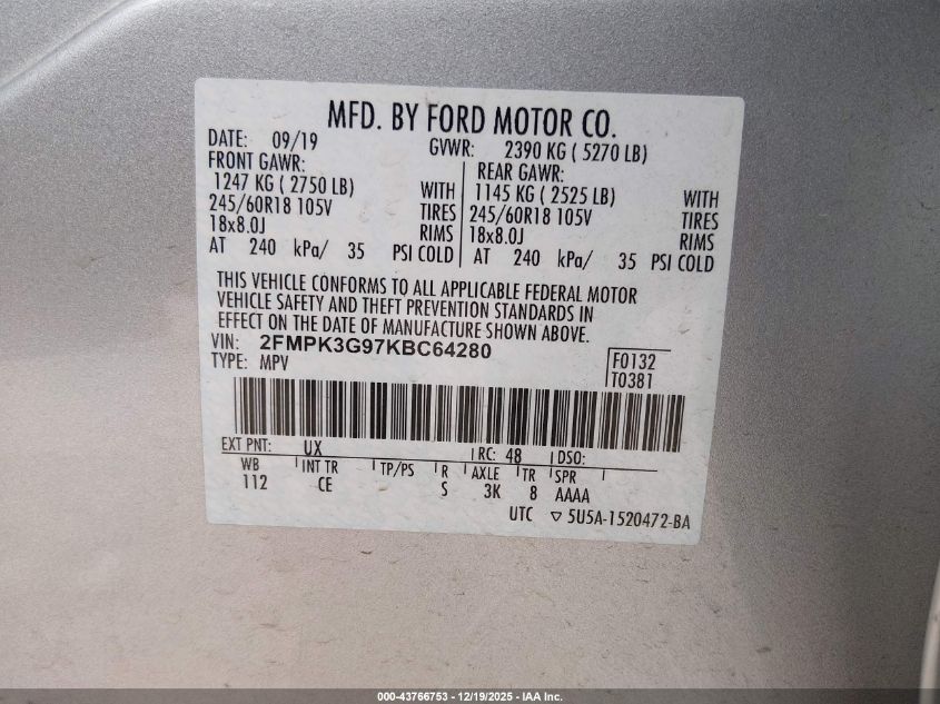 2019 Ford Edge Se VIN: 2FMPK3G97KBC64280 Lot: 43766753