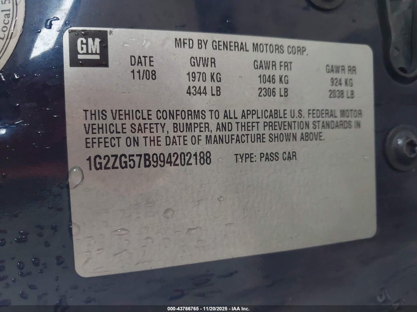 2009 Pontiac G6 VIN: 1G2ZG57B994202188 Lot: 43766765