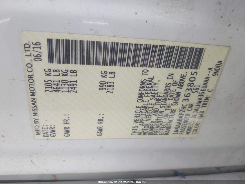 2017 Nissan Maxima VIN: 1N4AA6A92HC363805 Lot: 43766772