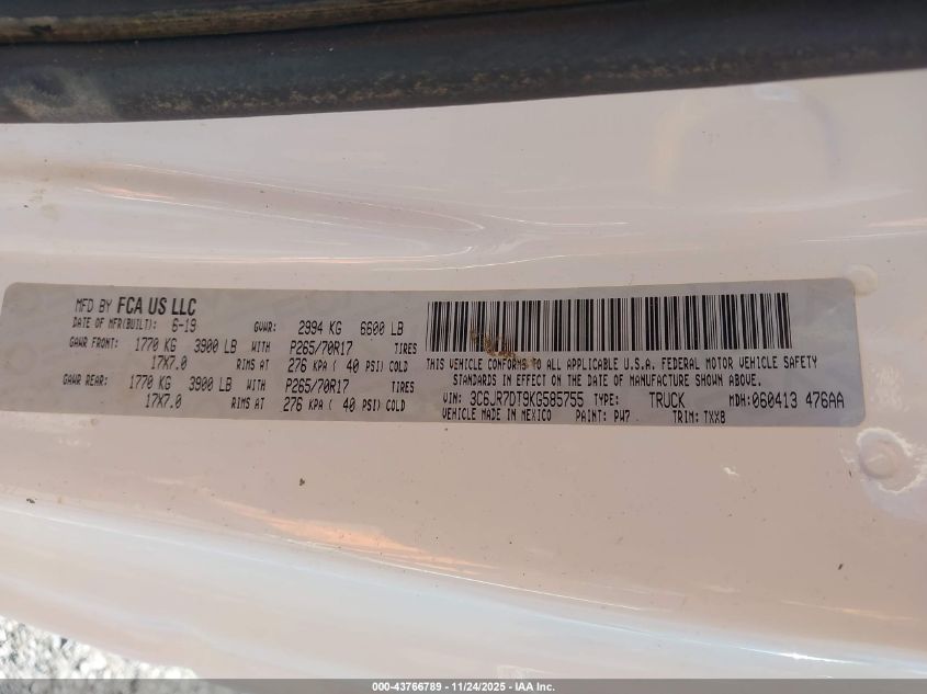 2019 Ram 1500 Classic Tradesman 4X4 8' Box VIN: 3C6JR7DT9KG585755 Lot: 43766789