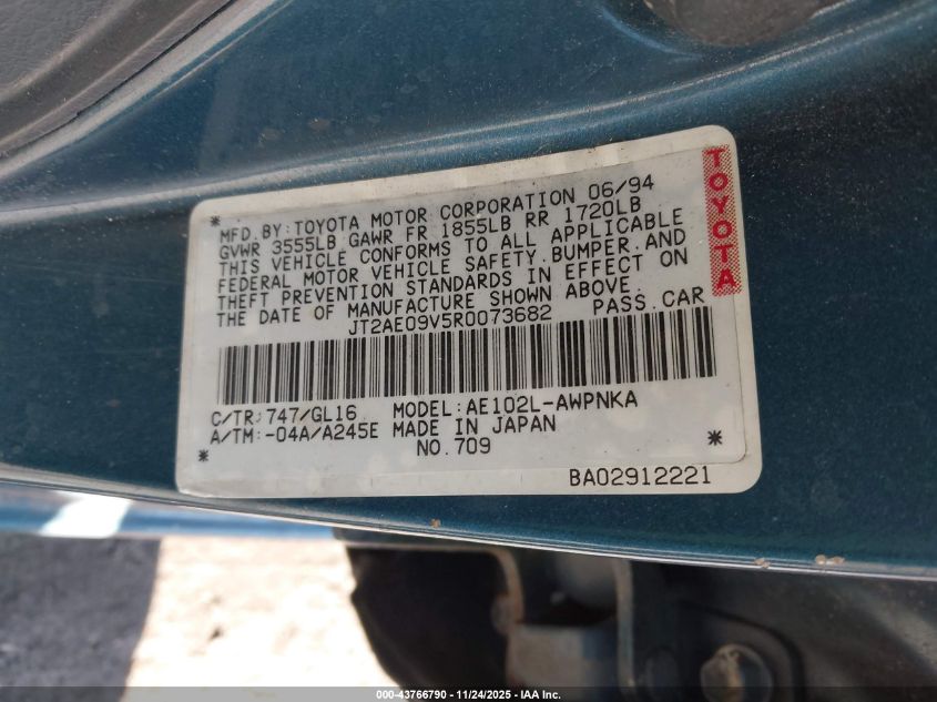 1994 Toyota Corolla Dx VIN: JT2AE09V5R0073682 Lot: 43766790