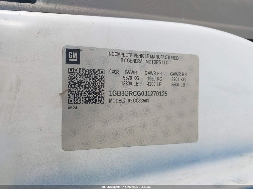2018 Chevrolet Express Cutaway Work Van VIN: 1GB3GRCG0J1270125 Lot: 43766799
