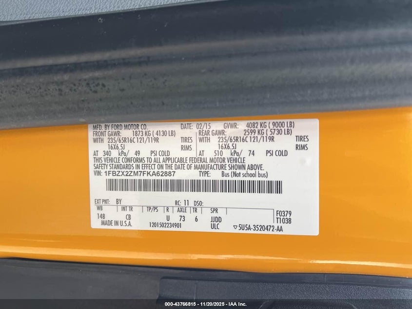 1FBZX2ZM7FKA62887 2015 FORD TRANSIT photo no. 9