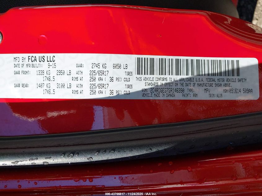 2016 Dodge Grand Caravan R/T VIN: 2C4RDGEG7GR146390 Lot: 43766817