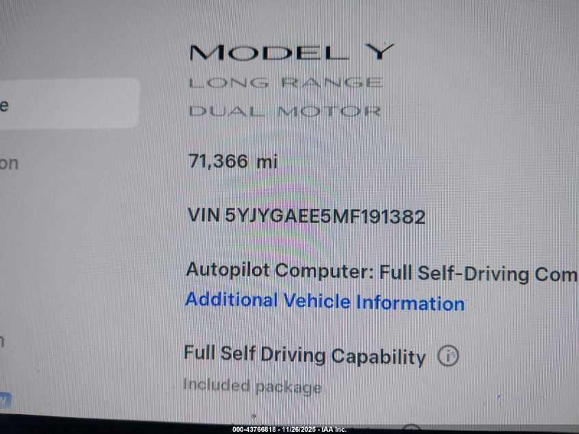 2021 Tesla Model Y Long Range Dual Motor All-Wheel Drive VIN: 5YJYGAEE5MF191382 Lot: 43766818