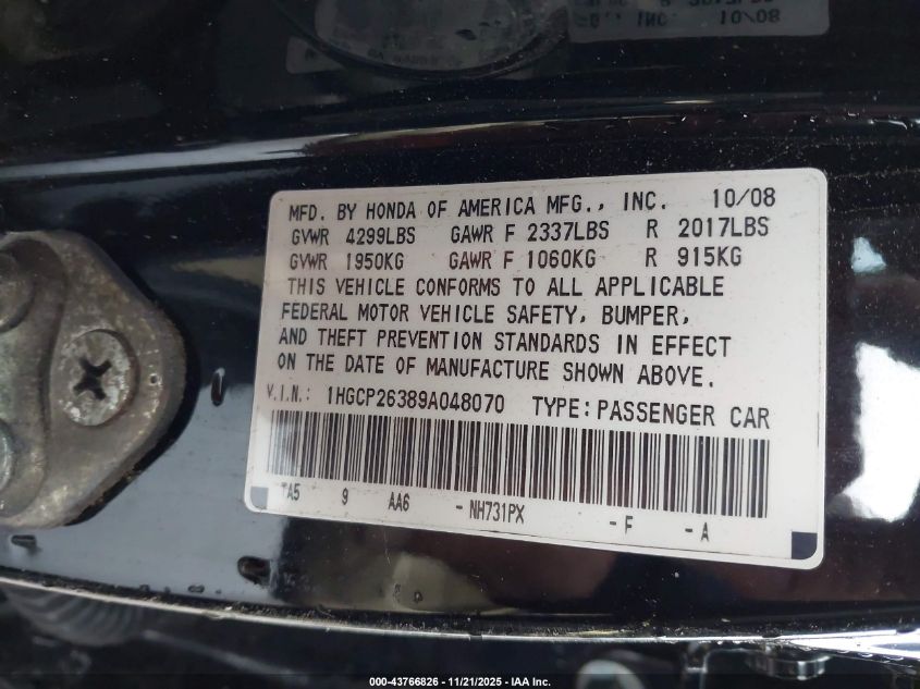 2009 Honda Accord 2.4 Lx VIN: 1HGCP26389A048070 Lot: 43766826