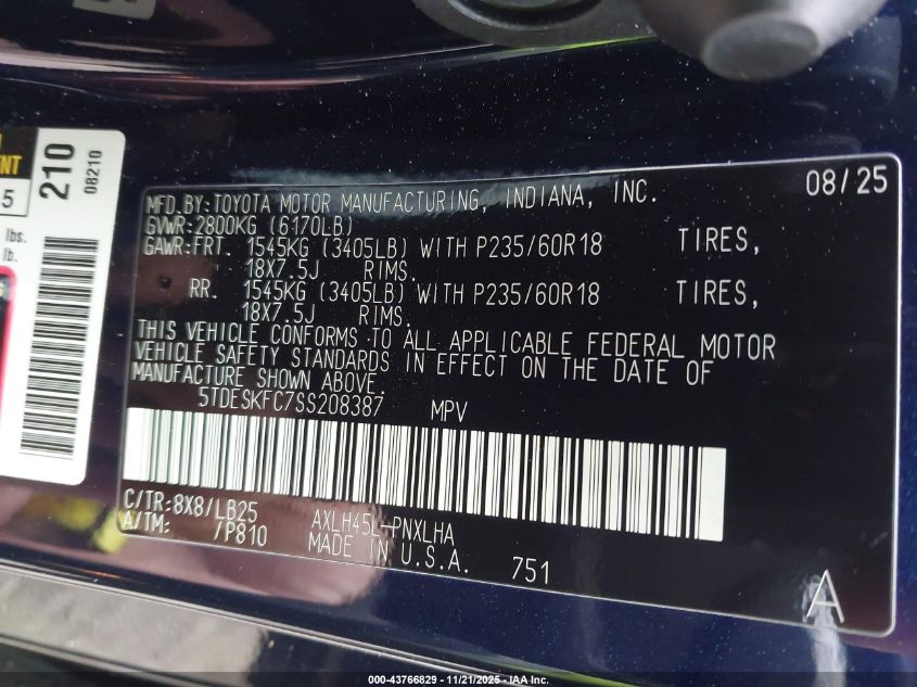 2025 Toyota Sienna Platinum VIN: 5TDESKFC7SS208387 Lot: 43766829