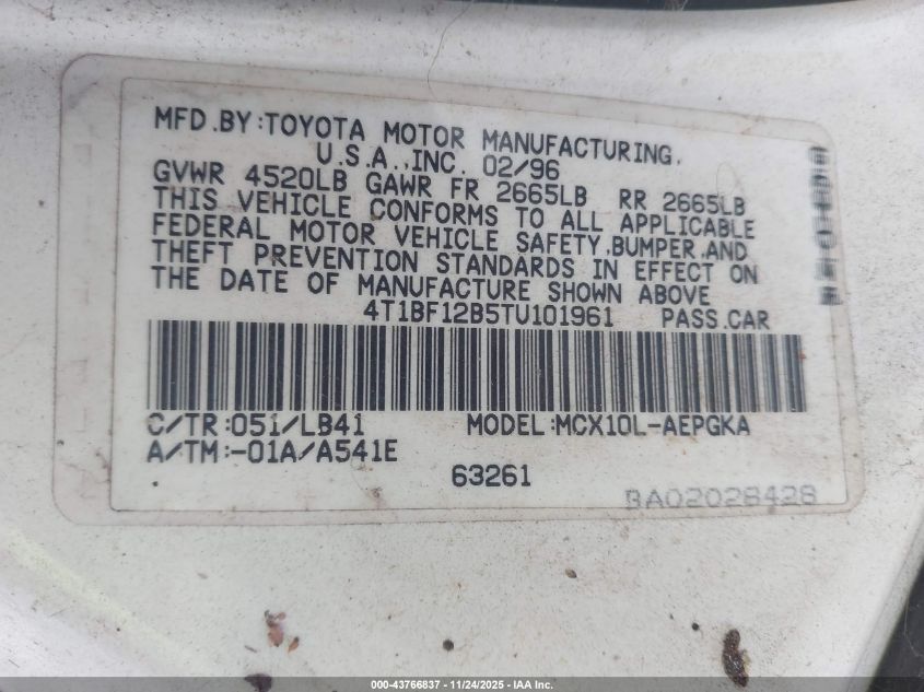 1996 Toyota Avalon Xl/Xls VIN: 4T1BF12B5TU101961 Lot: 43766837