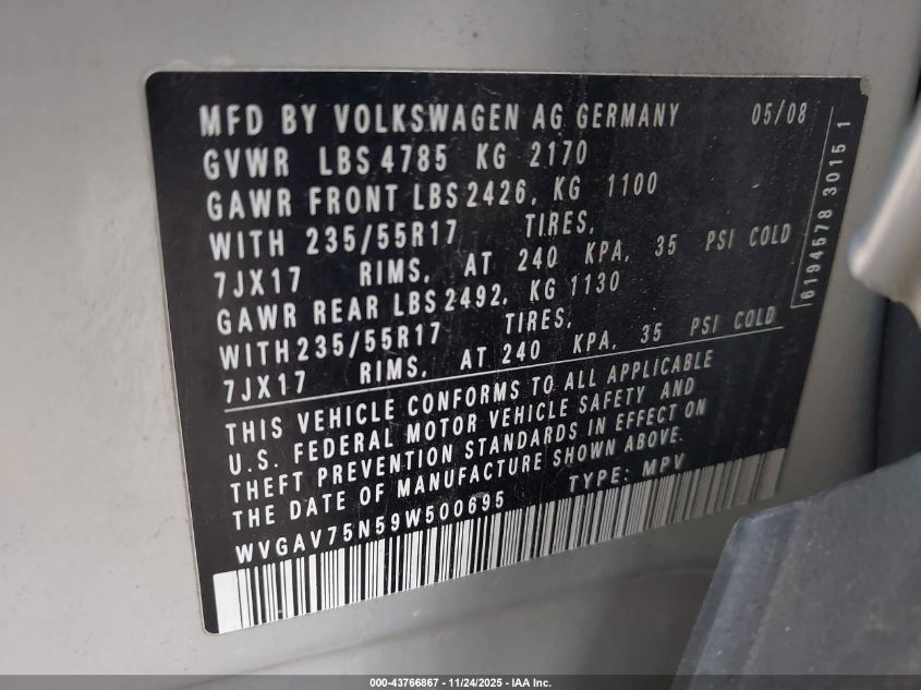 2009 Volkswagen Tiguan S/Se/Sel VIN: WVGAV75N59W500695 Lot: 43766867