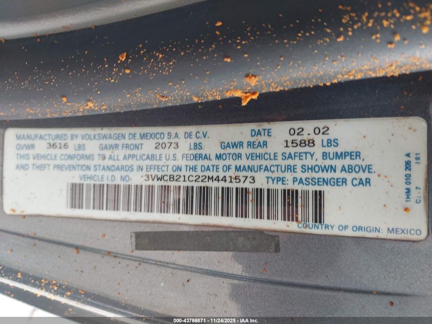 2002 Volkswagen New Beetle Gls VIN: 3VWCB21C22M441573 Lot: 43766871