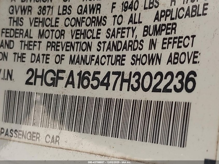 2007 Honda Civic Lx VIN: 2HGFA16547H302236 Lot: 43766887