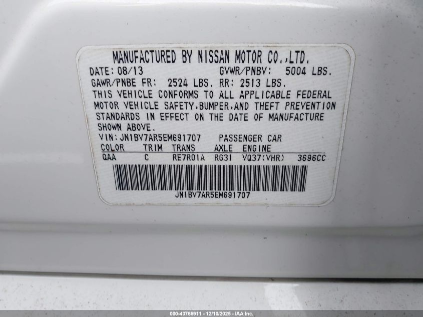 2014 Infiniti Q50 Premium VIN: JN1BV7AR5EM691707 Lot: 43766911