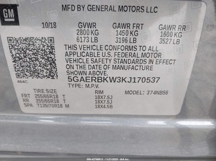 2019 Buick Enclave Fwd Essence VIN: 5GAERBKW3KJ170537 Lot: 43766913