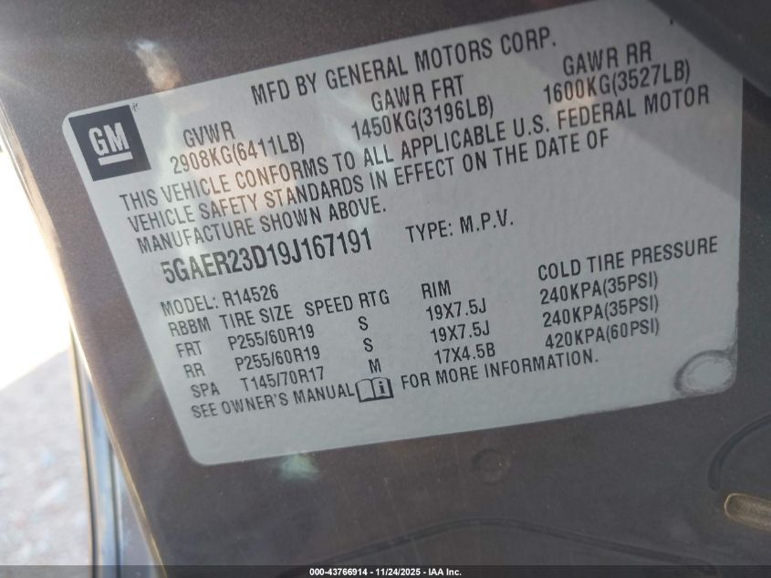 2009 Buick Enclave Cxl VIN: 5GAER23D19J167191 Lot: 43766914