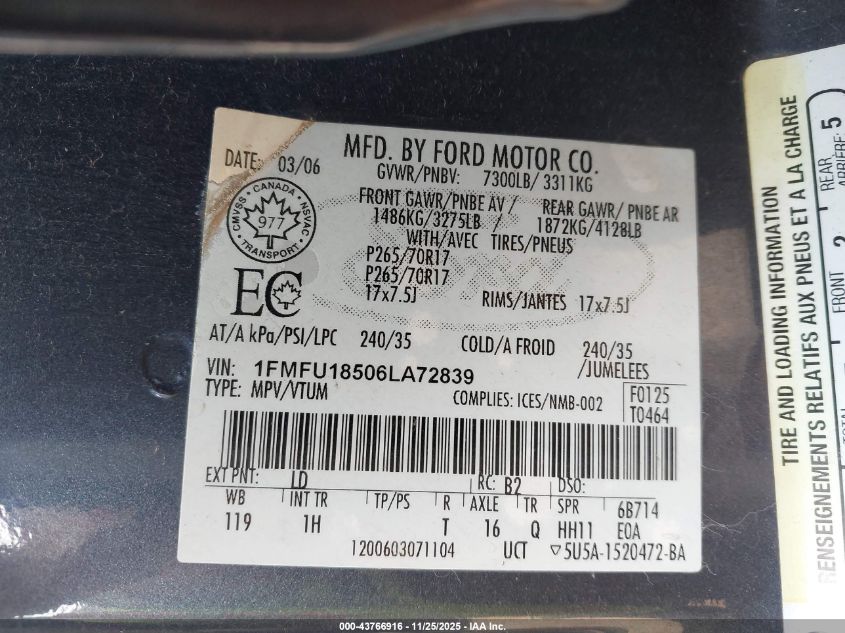 2006 Ford Expedition Eddie Bauer/King Ranch VIN: 1FMFU18506LA72839 Lot: 43766916