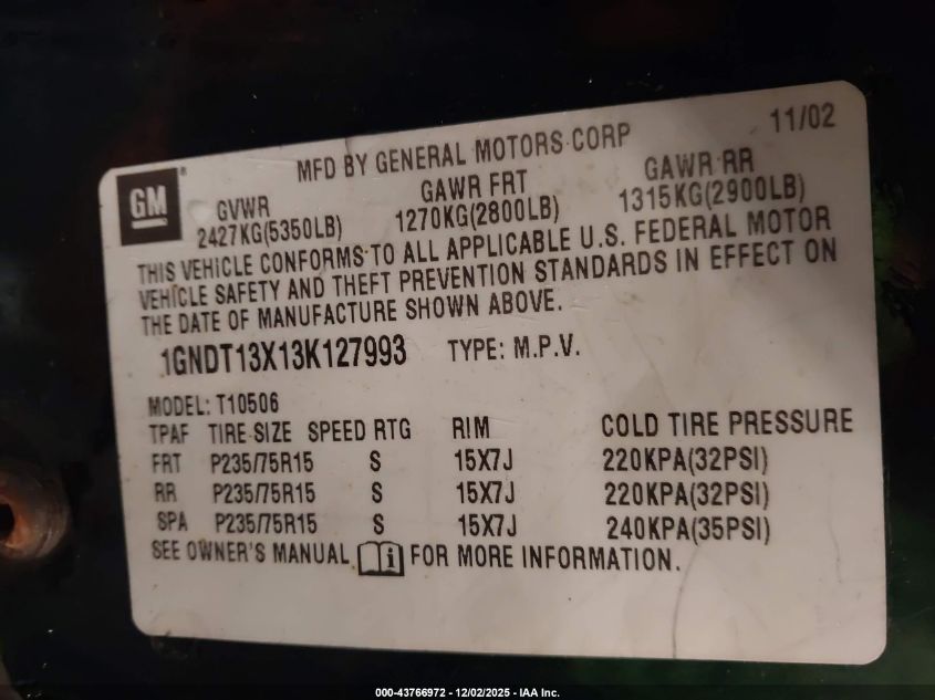 2003 Chevrolet Blazer Ls VIN: 1GNDT13X13K127993 Lot: 43766972