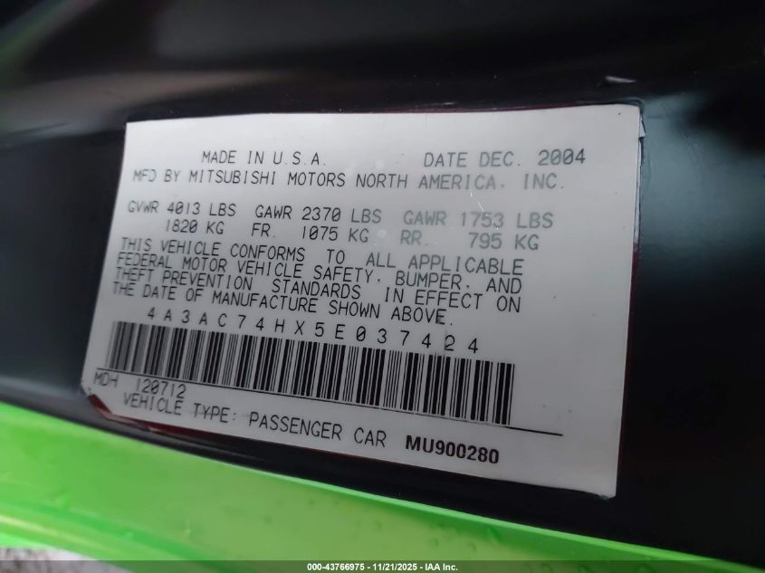 2005 Mitsubishi Eclipse Gts VIN: 4A3AC74HX5E037424 Lot: 43766975