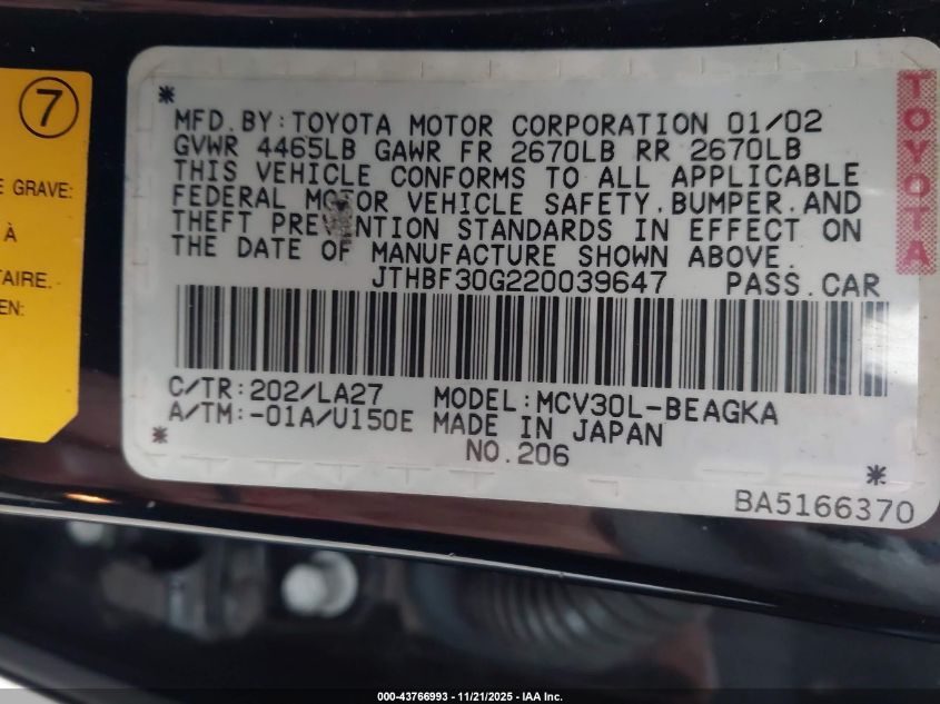 2002 Lexus Es 300 VIN: JTHBF30G220039647 Lot: 43766993