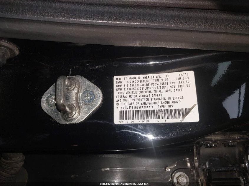 2012 Acura Rdx VIN: 5J8TB1H25CA004774 Lot: 43766999