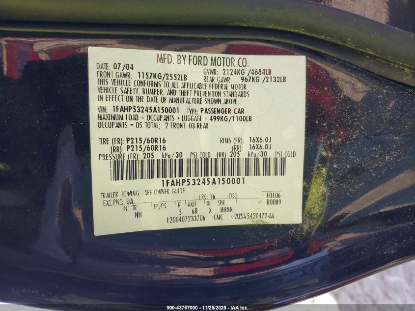 2005 Ford Taurus Se VIN: 1FAHP53245A150001 Lot: 43767000