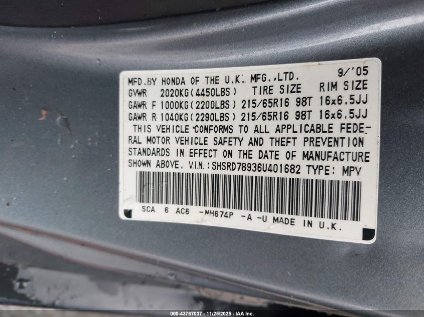 2006 Honda Cr-V Se VIN: SHSRD78936U401682 Lot: 43767037