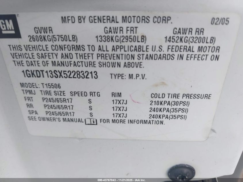 2005 GMC Envoy Slt VIN: 1GKDT13SX52283213 Lot: 43767043