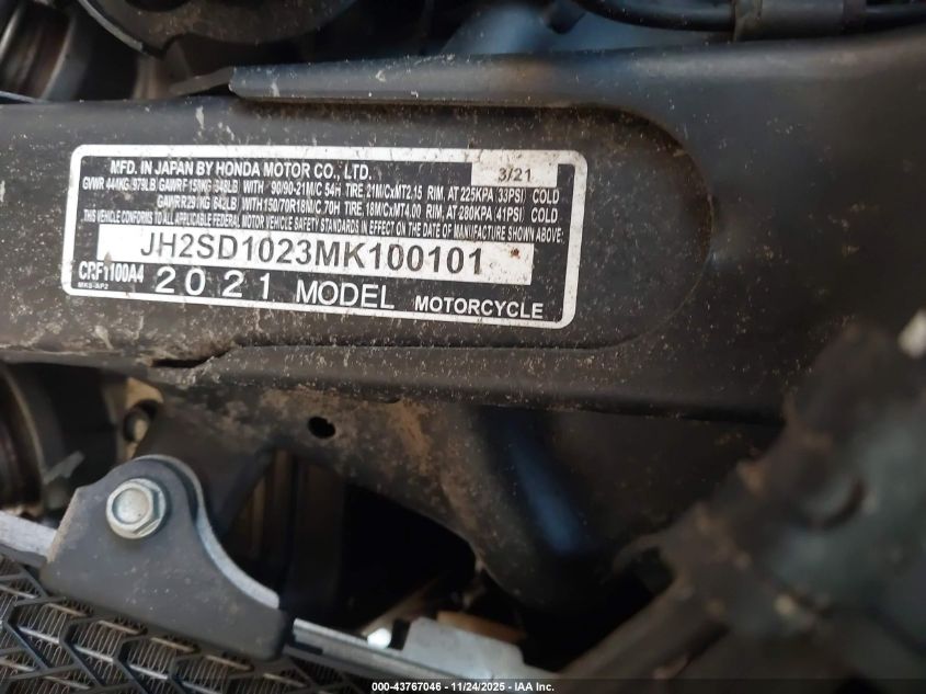 2021 Honda Crf1100 A4 VIN: JH2SD1023MK100101 Lot: 43767046