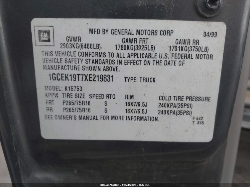 1999 Chevrolet Silverado 1500 Ls VIN: 1GCEK19T7XE219831 Lot: 43767048