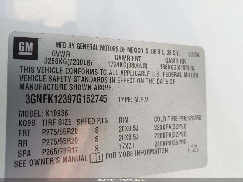 2007 Chevrolet Avalanche 1500 Ltz VIN: 3GNFK12397G152745 Lot: 43767057