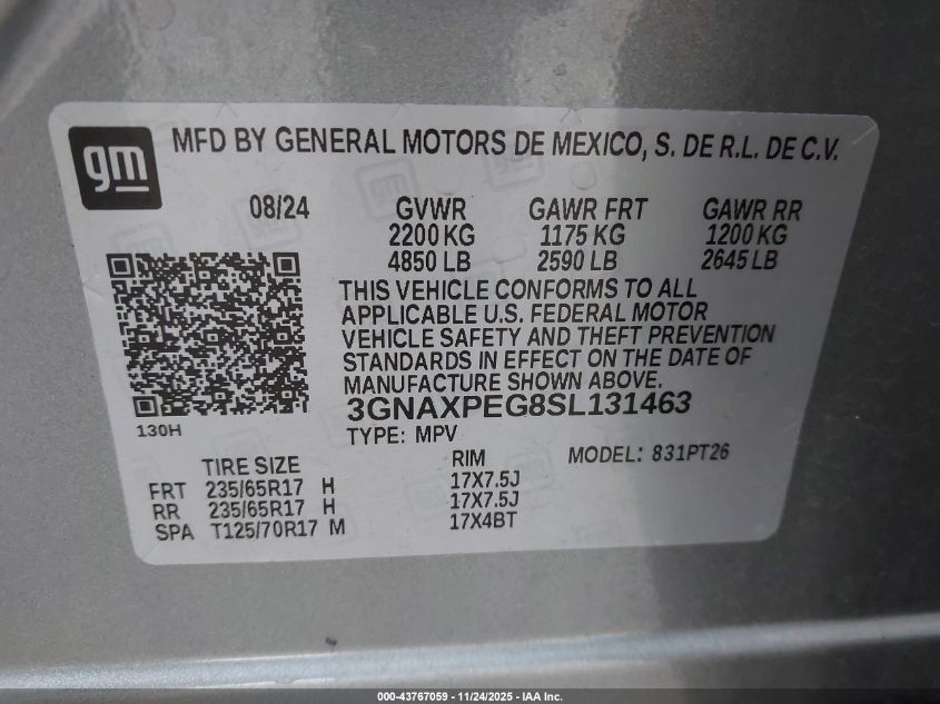 2025 Chevrolet Equinox Awd Lt VIN: 3GNAXPEG8SL131463 Lot: 44003657