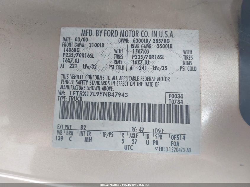 2000 Ford F-150 Lariat/Work Series/Xl/Xlt VIN: 1FTRX17L9YNB47943 Lot: 43767060