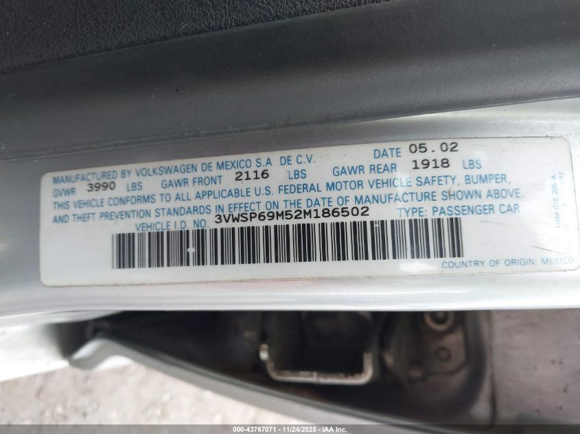 2002 Volkswagen Jetta Gls Tdi VIN: 3VWSP69M52M186502 Lot: 43767071