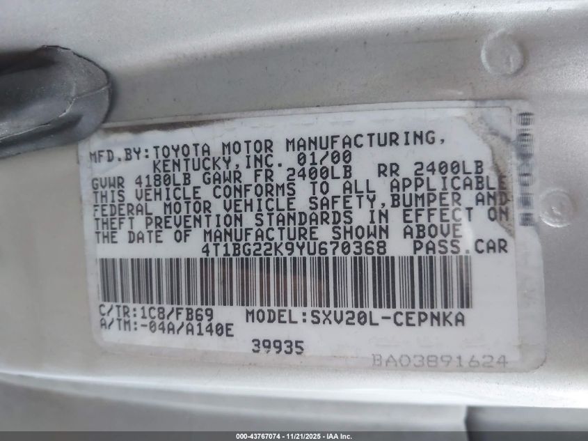 2000 Toyota Camry Le VIN: 4T1BG22K9YU670368 Lot: 43767074