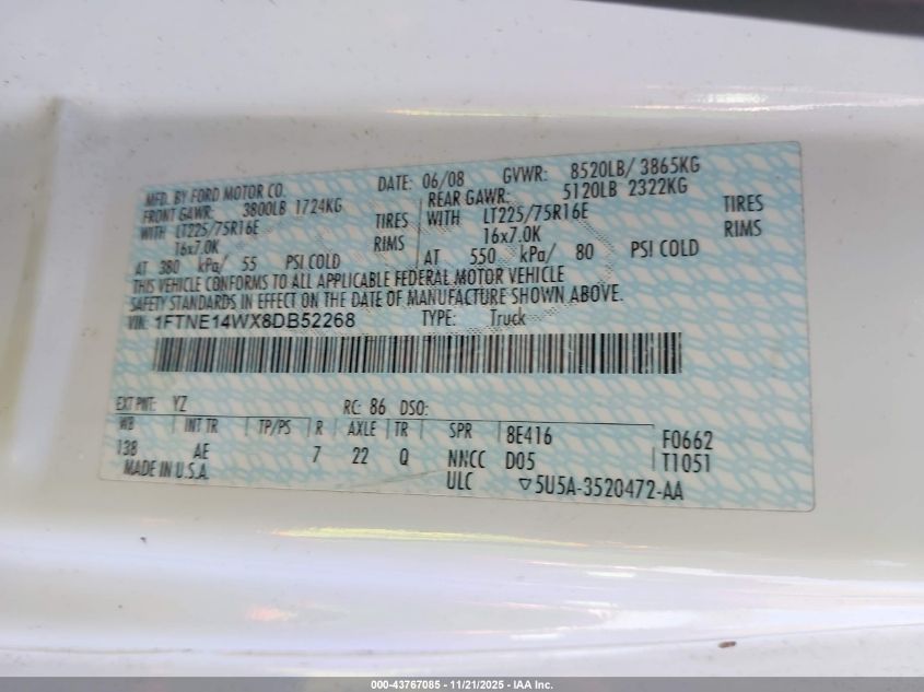 2008 Ford E-150 Commercial/Recreational VIN: 1FTNE14WX8DB52268 Lot: 43767085