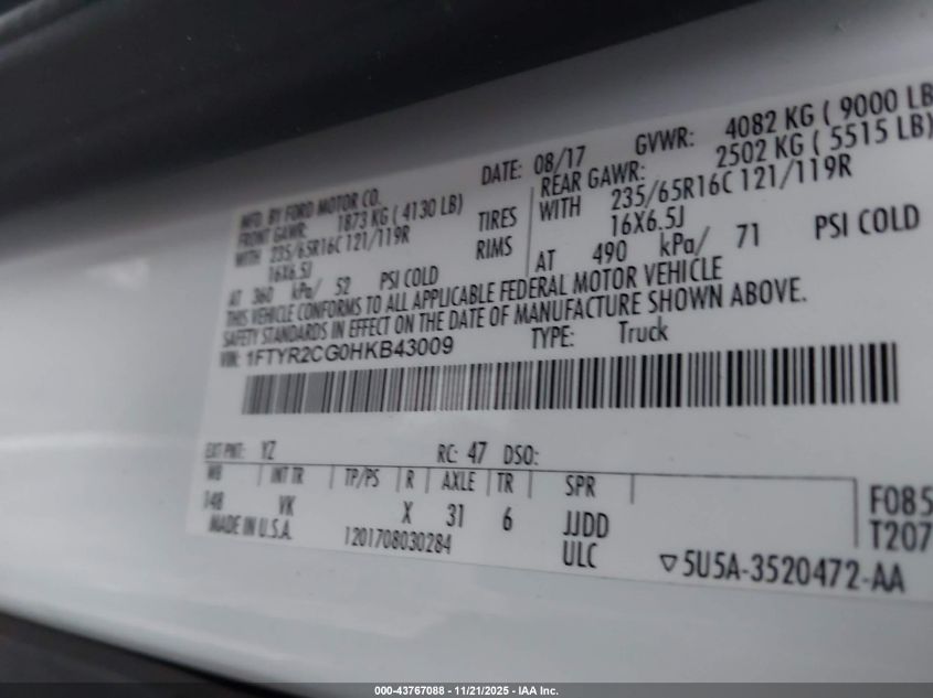 2017 Ford Transit-250 VIN: 1FTYR2CG0HKB43009 Lot: 43767088