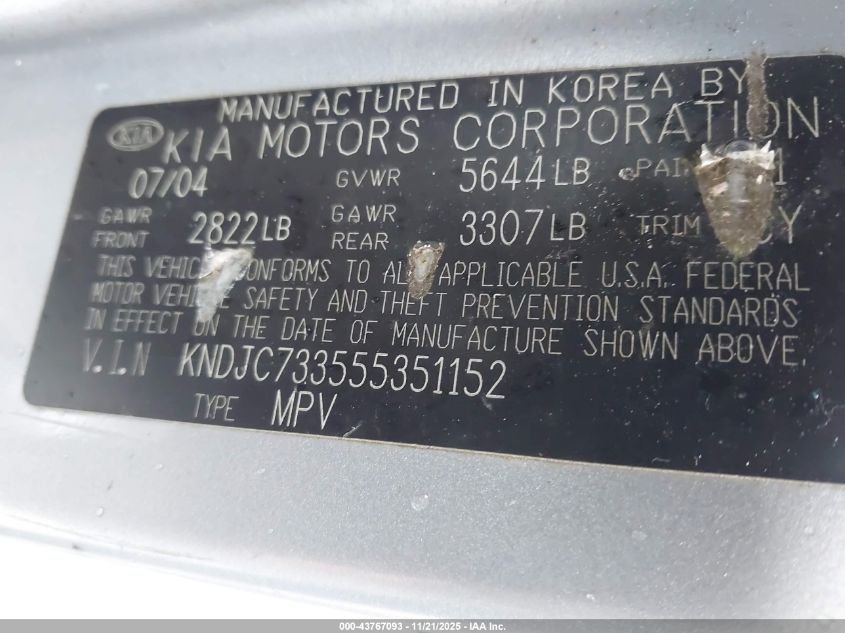 2005 Kia Sorento Ex/Lx VIN: KNDJC733555351152 Lot: 43767093