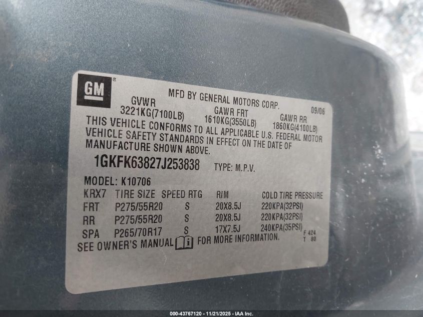 2007 GMC Yukon Denali VIN: 1GKFK63827J253838 Lot: 43767120