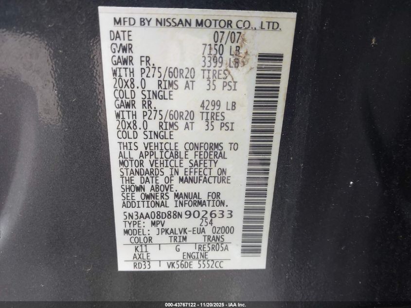 2008 Infiniti Qx56 VIN: 5N3AA08D88N902633 Lot: 43767122