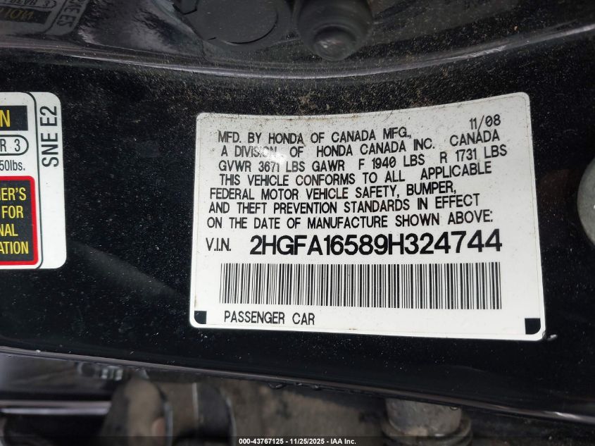 2009 Honda Civic Lx VIN: 2HGFA16589H324744 Lot: 43767125