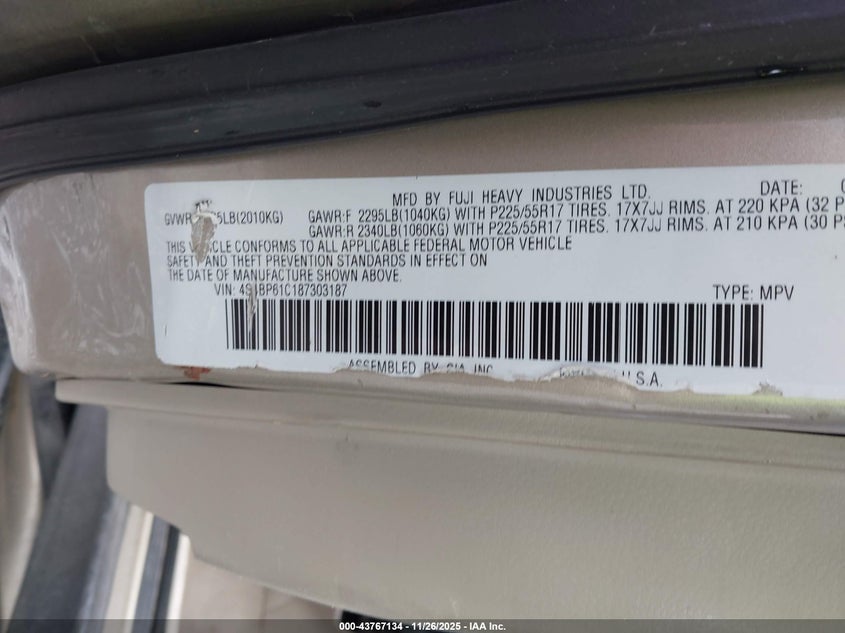 2008 Subaru Outback 2.5I/2.5I L.l. Bean Edition VIN: 4S4BP61C187303187 Lot: 43767134