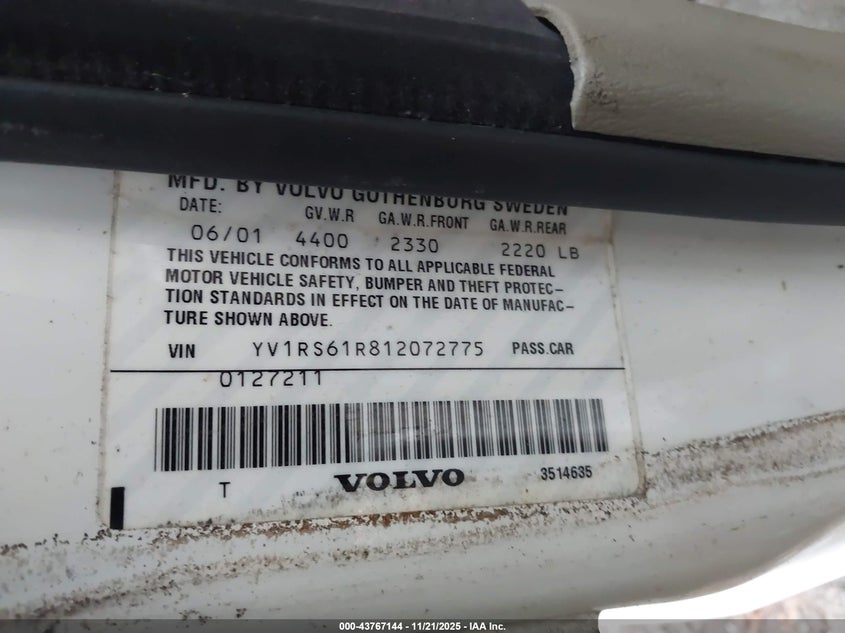 2001 Volvo S60 2.4 VIN: YV1RS61R812072775 Lot: 43767144