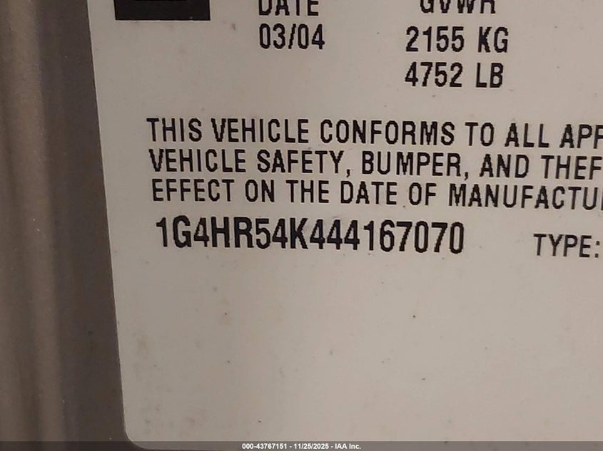 2004 Buick Lesabre Limited VIN: 1G4HR54K444167070 Lot: 43767151