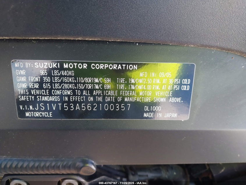 2006 Suzuki Dl1000 VIN: JS1VT53A562100357 Lot: 43767167