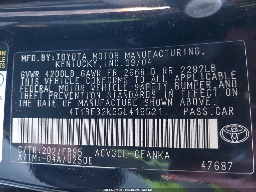 2005 Toyota Camry Le VIN: 4T1BE32K55U416521 Lot: 43767168