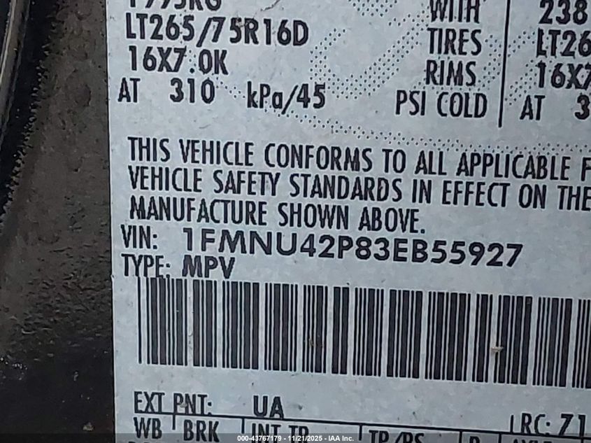 2003 Ford Excursion Limited VIN: 1FMNU42P83EB55927 Lot: 43767179