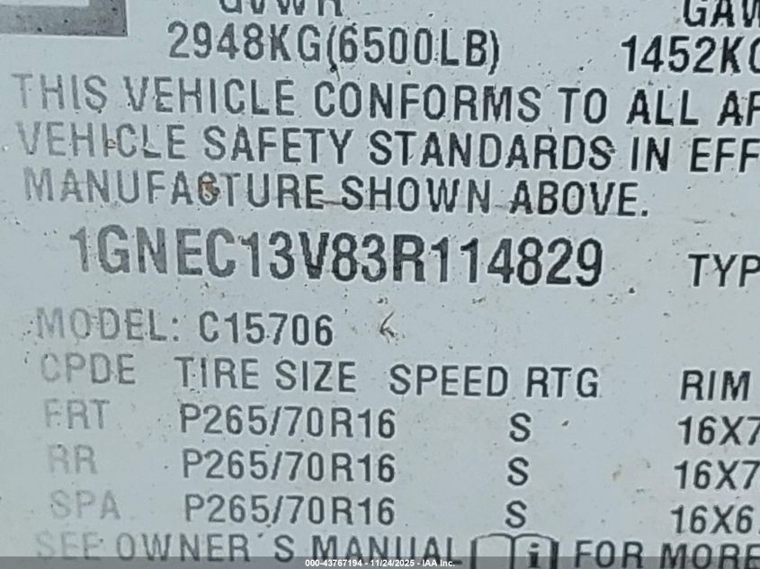 2003 Chevrolet Tahoe Ls VIN: 1GNEC13V83R114829 Lot: 43767194