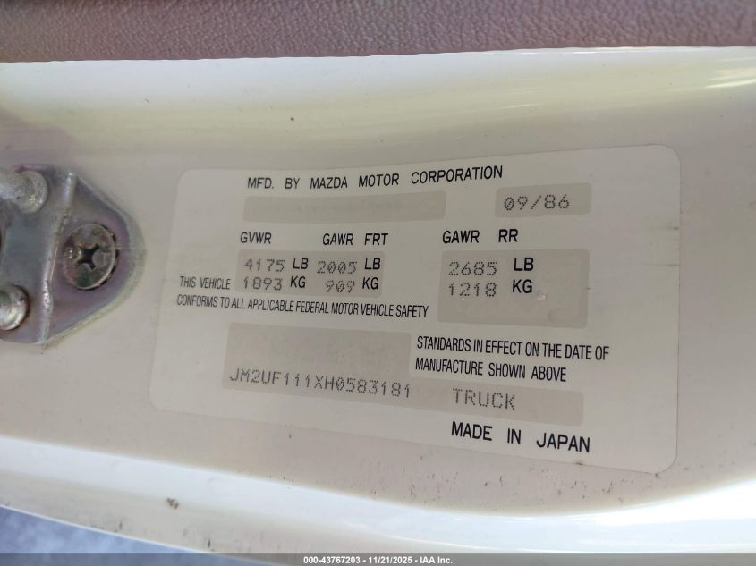 1987 Mazda B2000 VIN: JM2UF111XH0583181 Lot: 43767203