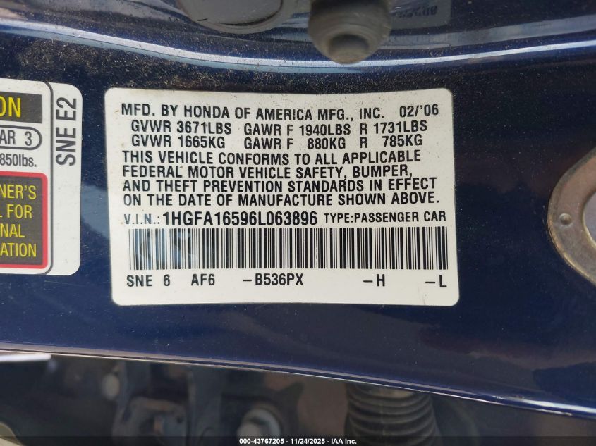 2006 Honda Civic Lx VIN: 1HGFA16596L063896 Lot: 43767205