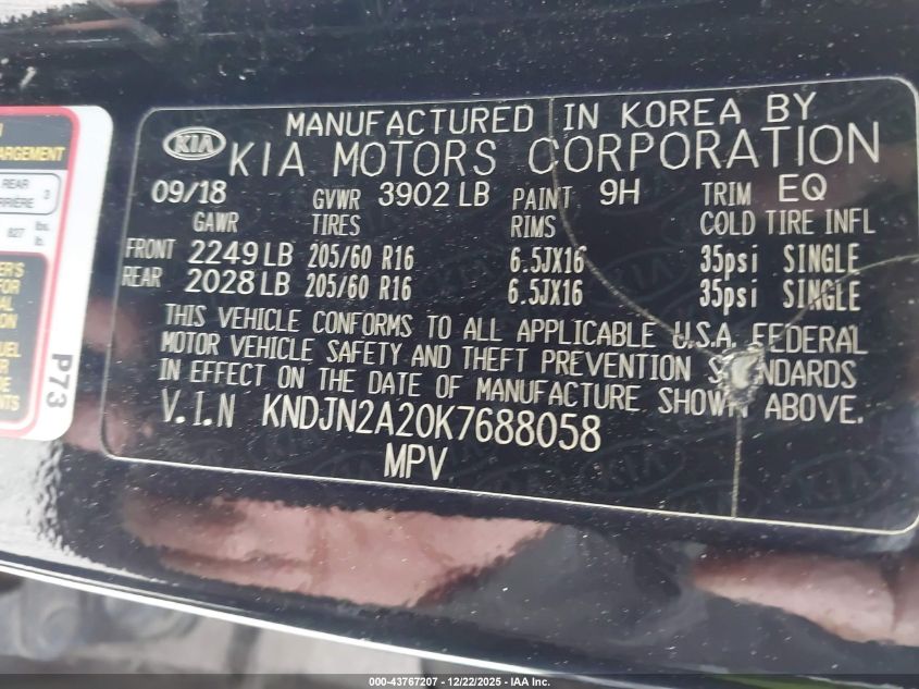 2019 Kia Soul VIN: KNDJN2A20K7688058 Lot: 43767207